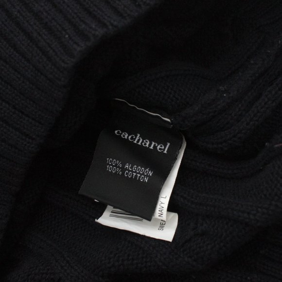 Cacharel Men's Vintage Long Sleeve Cable Knit Sweater Large Dark Navy Cotton - Picture 7 of 8